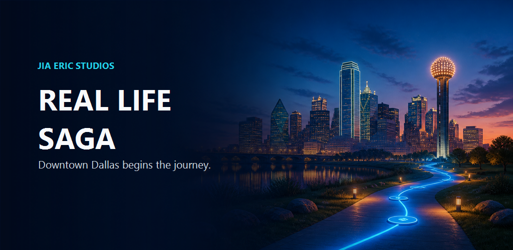 Illustrated Downtown Dallas skyline at twilight with a luminous path leading toward Reunion Tower